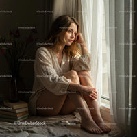 Pensive Woman Relaxing by Sunlit Window in Cozy Ambience