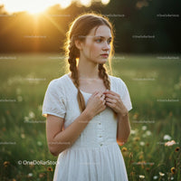 Woman in White Dress Standing in Sunlit Field