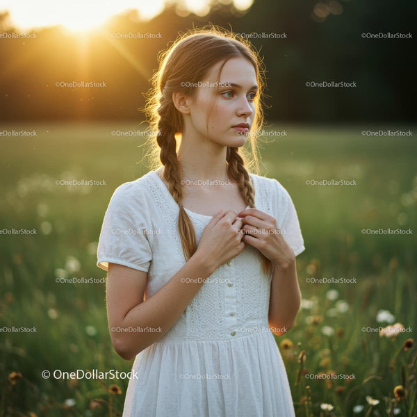 Woman in White Dress Standing in Sunlit Field