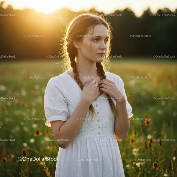 Woman with Braided Hair in a Sunlit Field at Sunset