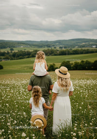 Family Walking in Summer Meadow with Rolling Hills