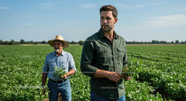 Farmers Inspecting Crops in Sunlit Green Field