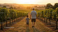 Father and Son Walking Through Vineyard at Sunset