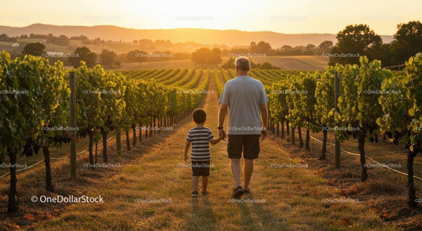 Father and Son Walking Through Vineyard at Sunset