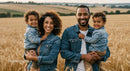 Cheerful Family in Denim Enjoying Time in Wheat Field