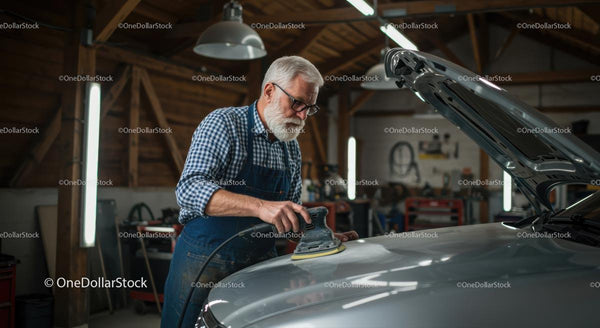 Experienced Craftsman Sanding Car Hood in Cozy Workshop