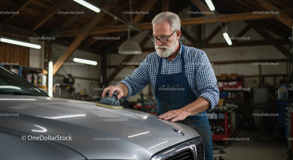 Senior Mechanic Polishing a Silver Car in Workshop