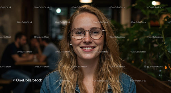 Smiling Young Woman with Glasses in Cozy Café