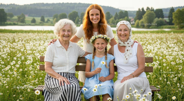 Multi-Generational Family Enjoying a Sunny Day in a Daisy Field