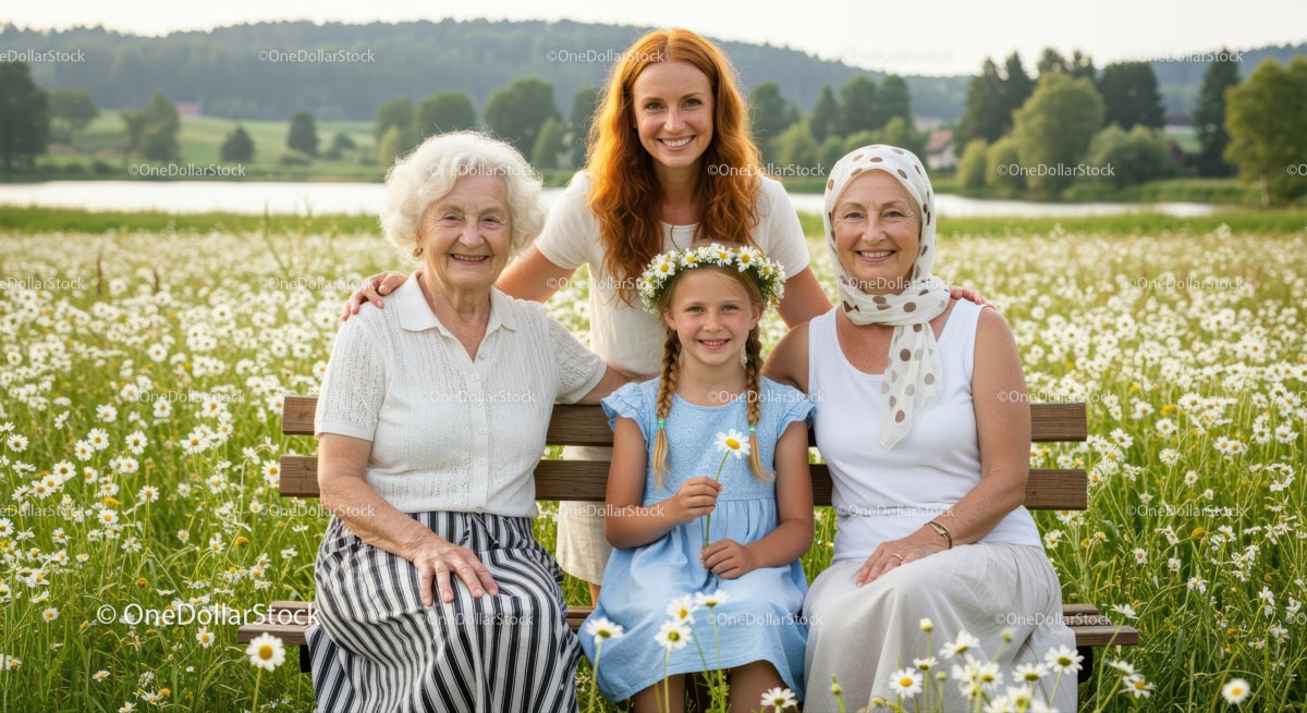 Multigenerational Family in a Daisy-filled Field