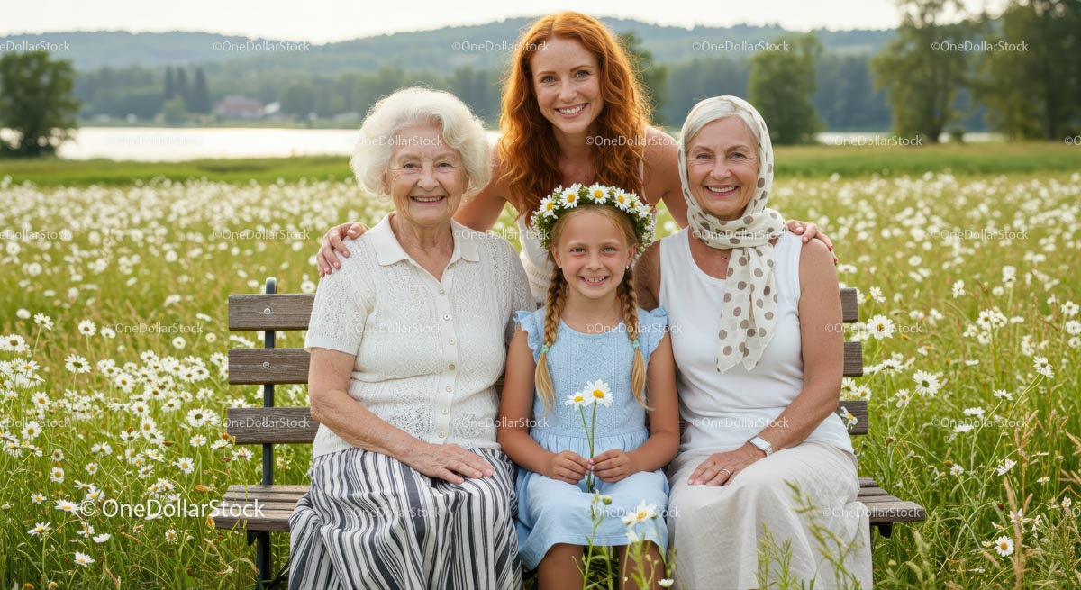Generational Family Bonding in a Blooming Meadow