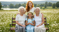 Multigenerational Family Smiling in a Field of Daisies