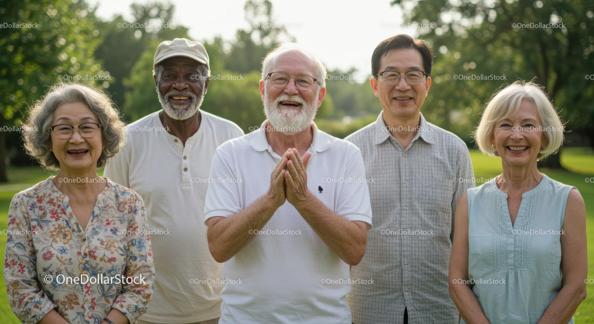 Diverse Group of Smiling Seniors in a Lush Park