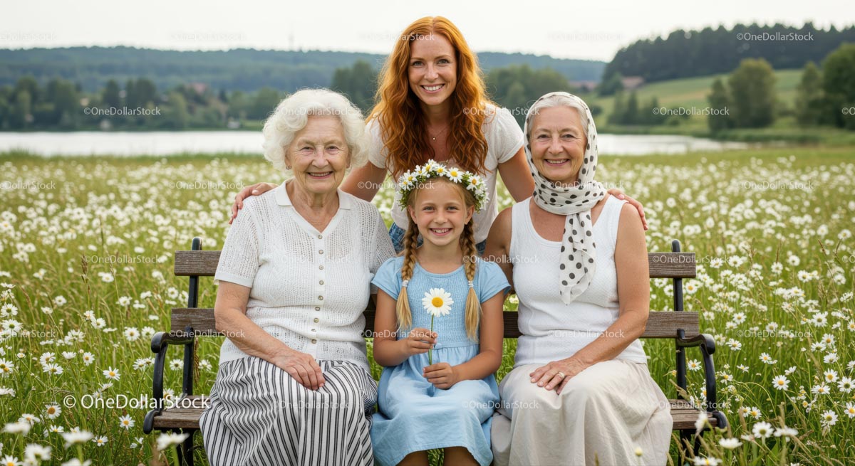 Szczęśliwa rodzina w Daisy Field w słoneczny dzień