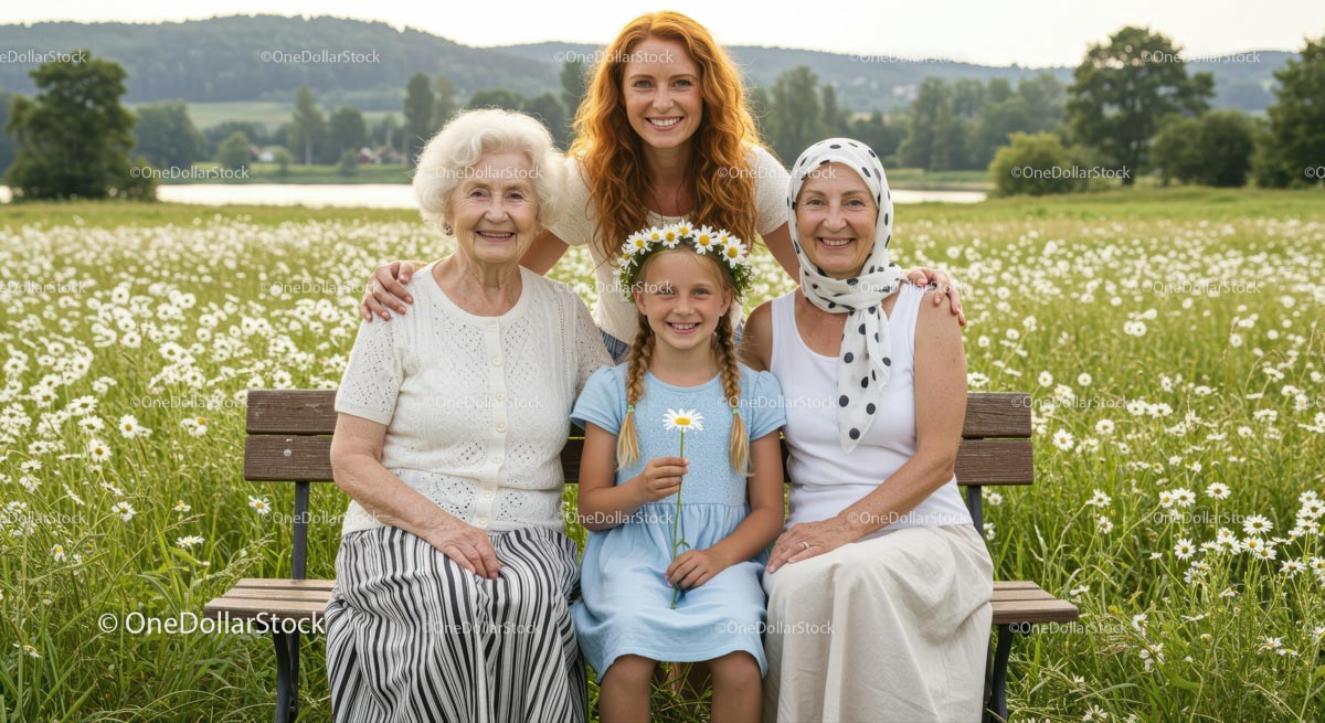 Multigenerational Family in a Daisy-filled Field