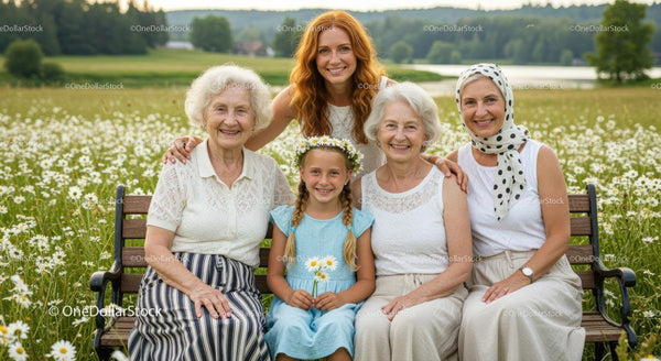 Multi-Generational Family in a Daisy Field