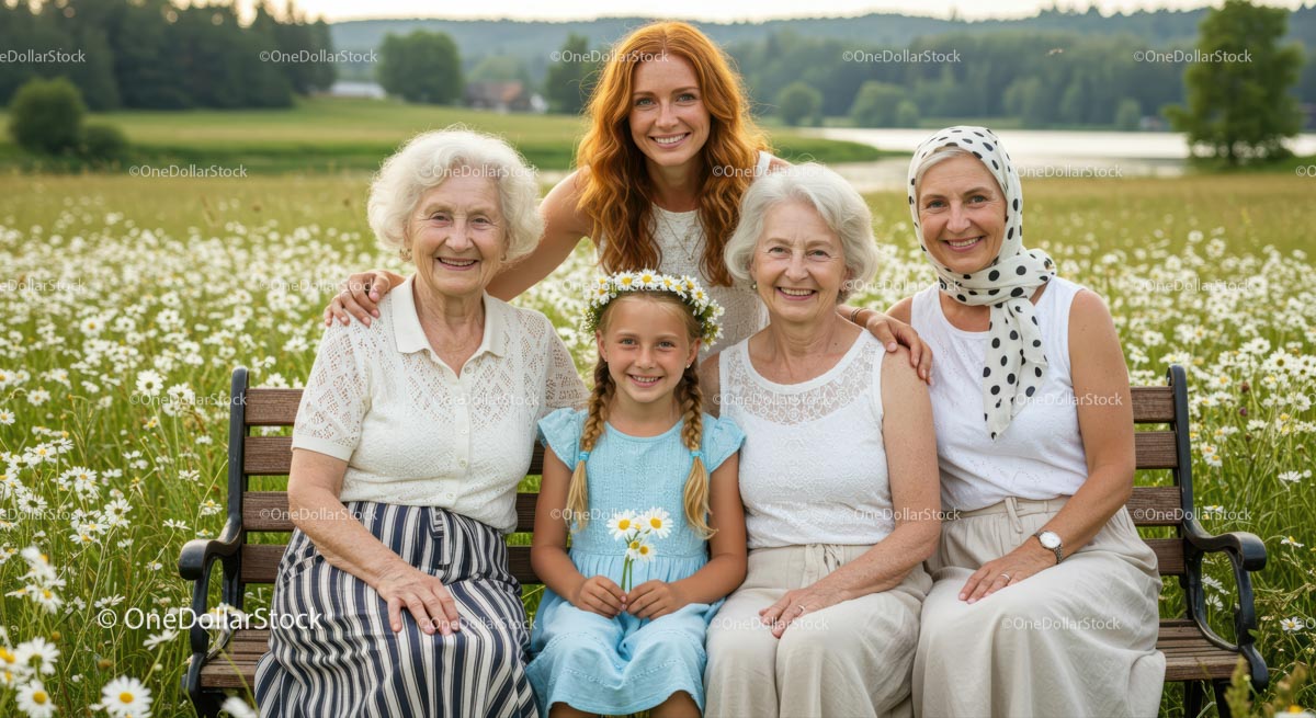 Multigenerational Family in a Daisy-filled Field