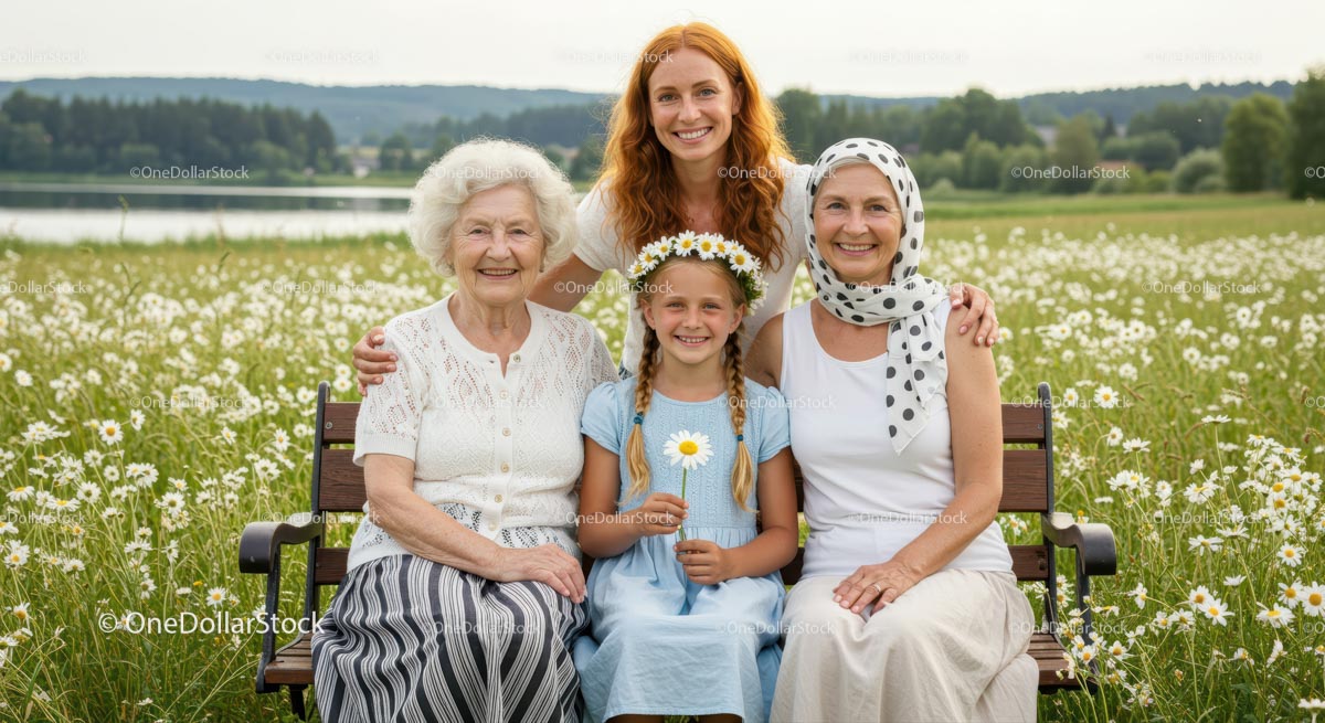 Multigenerational Family in a Daisy-filled Field