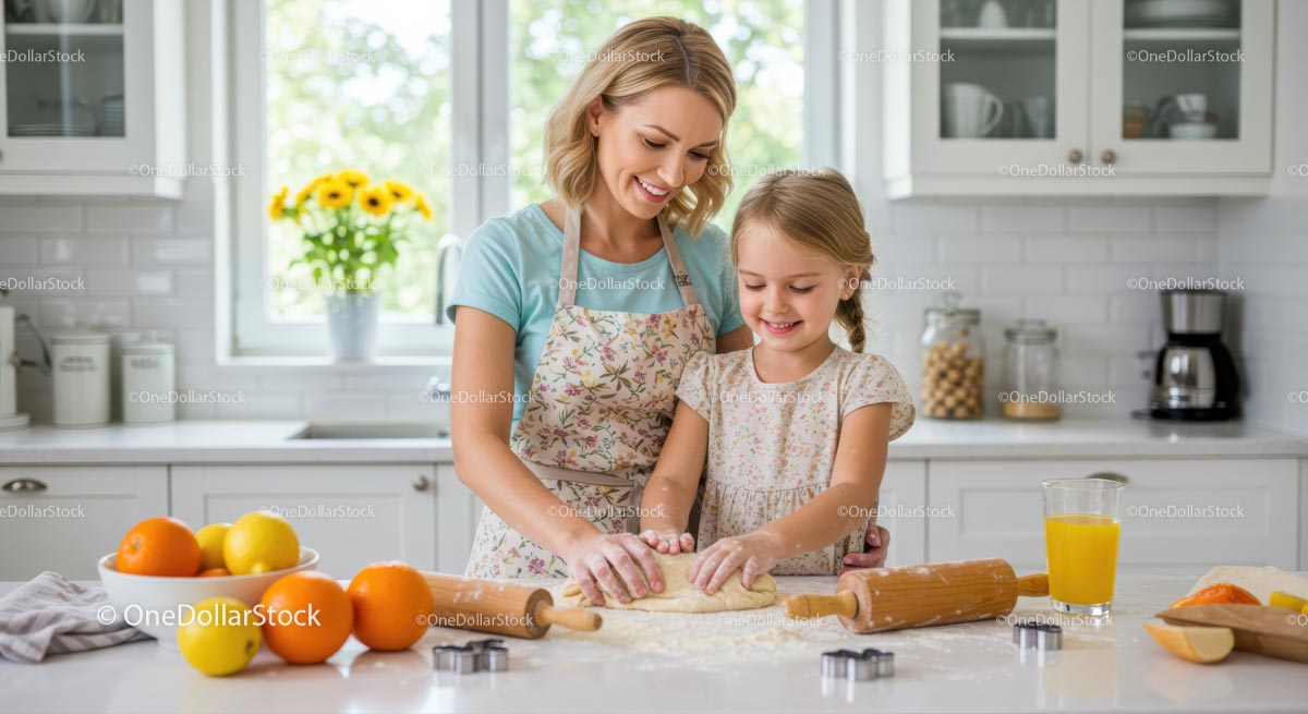 Mother and Daughter Baking Together in Sunny Kitchen