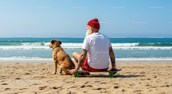 Starszy Mężczyzna i Pies Cieszący Się Słonecznym Dniem na Plaży