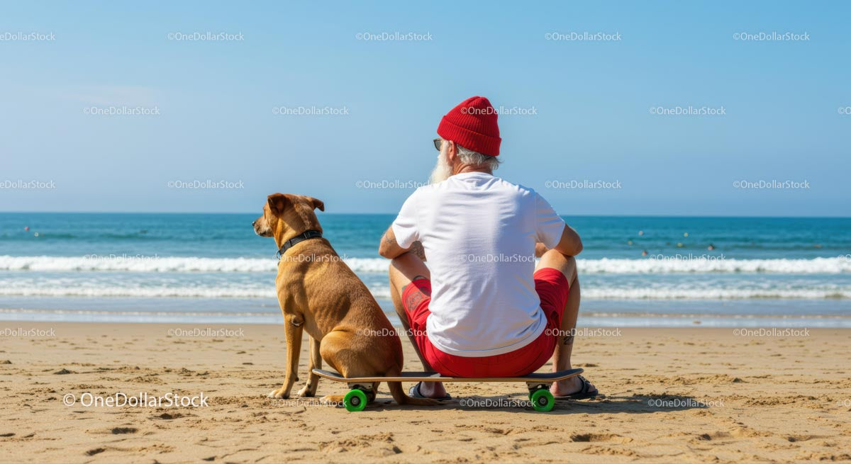 Mężczyzna i pies cieszą się spokojem na plaży, jeżdżąc na deskorolce