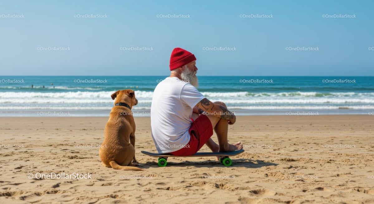 Elderly Man and Dog Relaxing on Sandy Beach