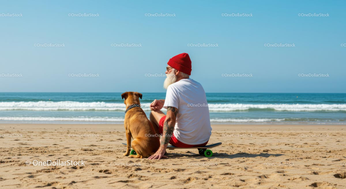 Starszy mężczyzna i pies relaksują się nad oceanem w słoneczny dzień na plaży