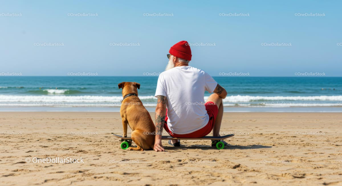Elderly Man and Dog Companion Relaxing by the Ocean