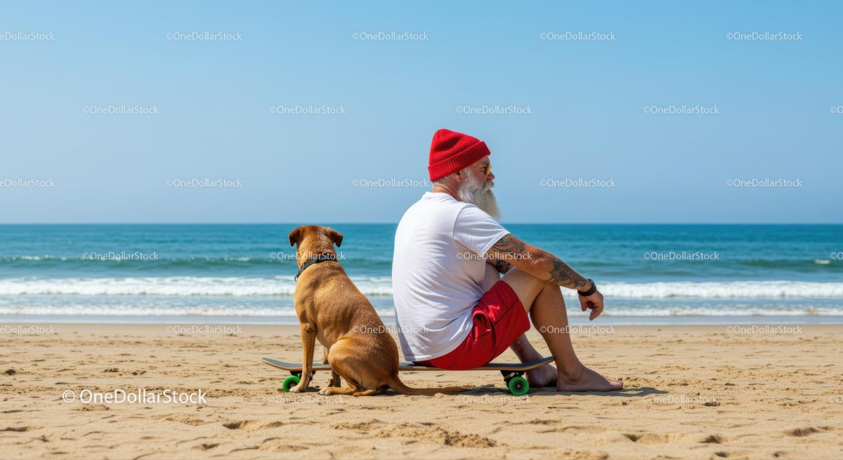 Starszy mężczyzna z psem relaksujący się na plaży na deskorolce