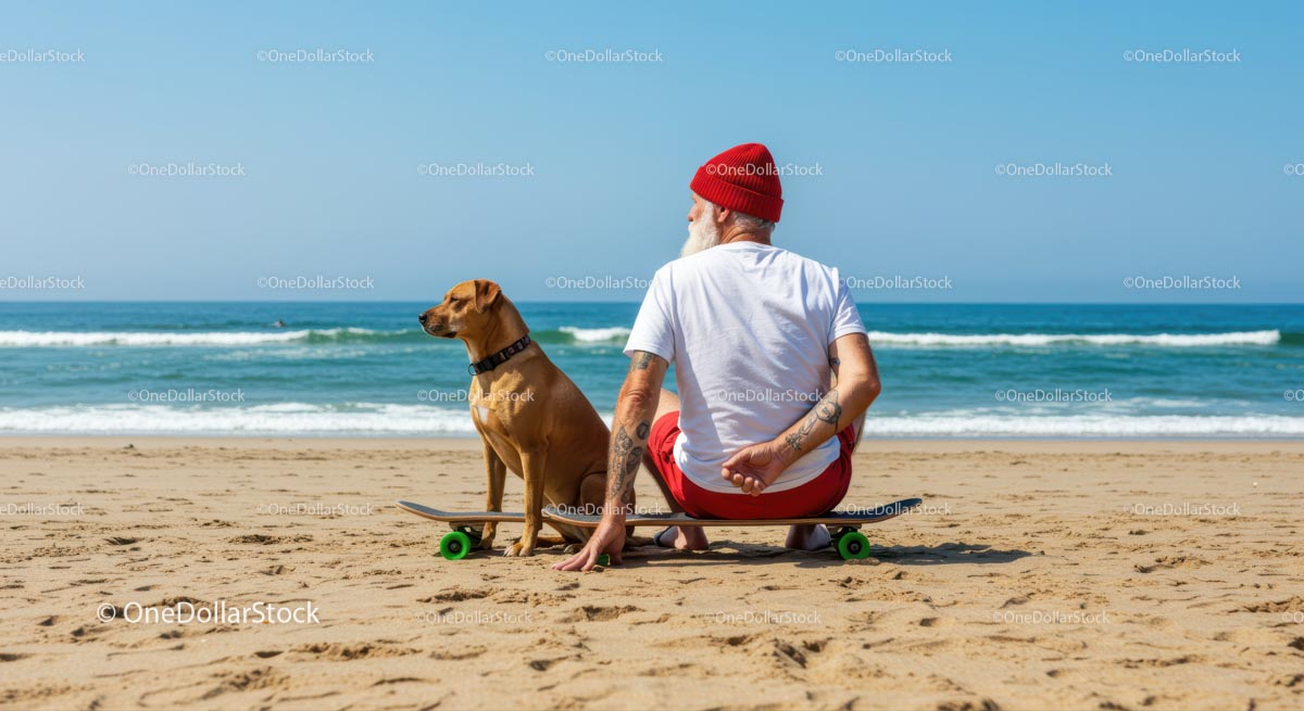 Starszy mężczyzna i pies relaksują się na deskorolce na Słonecznej Plaży