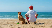 Man and Dog Enjoying a Skateboard Break by the Sea