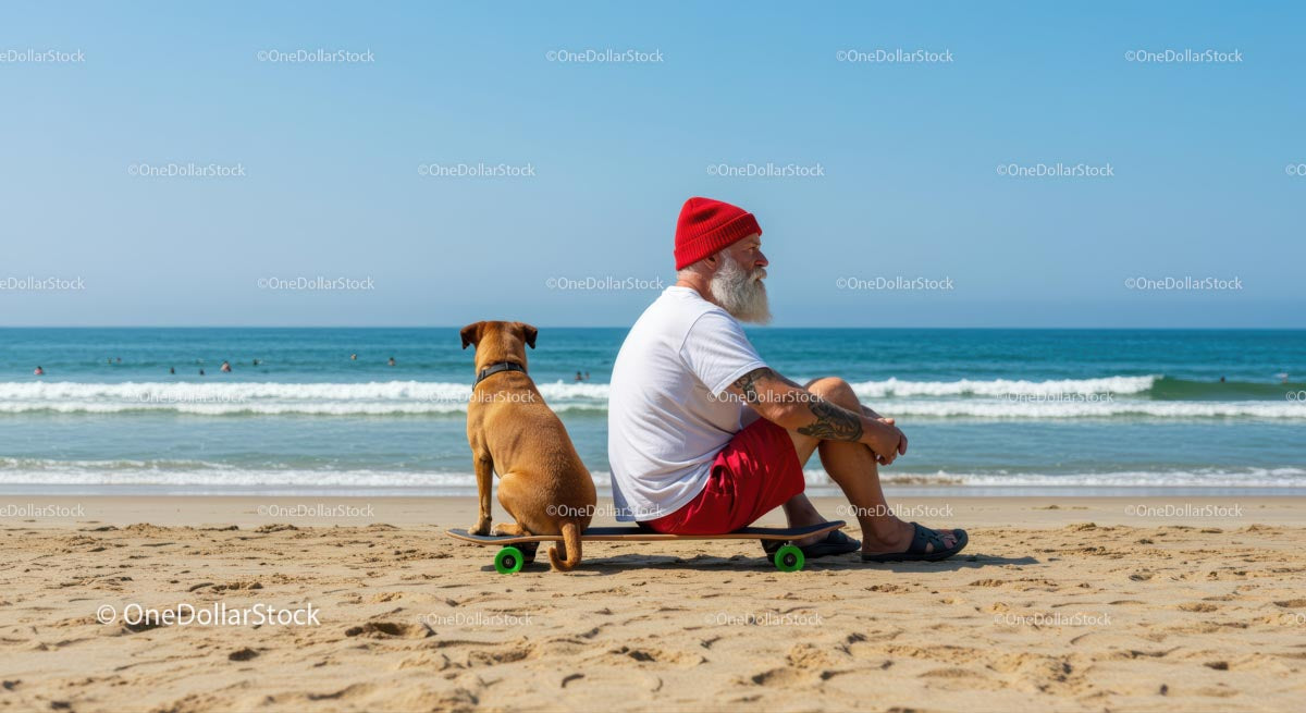 Starszy mężczyzna i pies relaksują się na deskorolce przy plaży