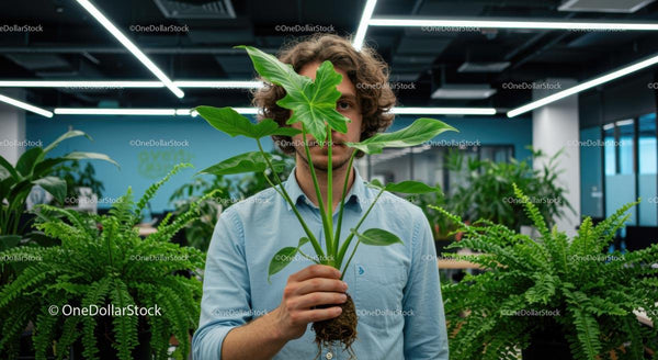 Person Holding Indoor Plant in Modern Office