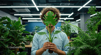 Man Holding Monstera Leaf in Modern Office Setting