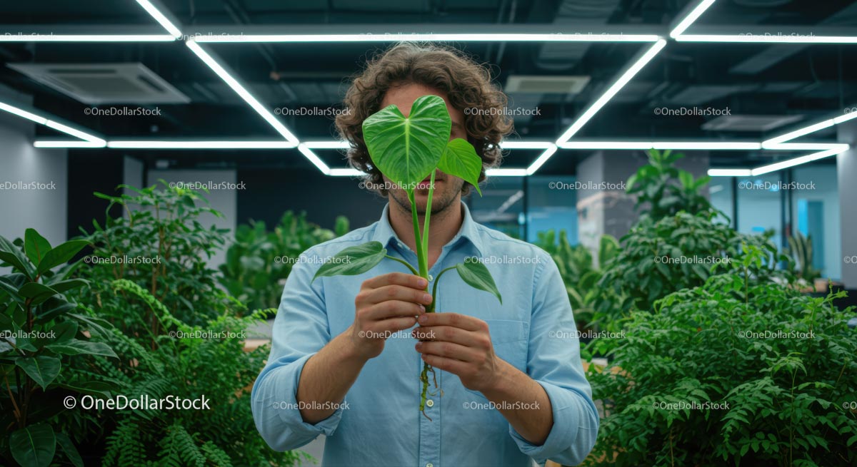 Man Holding Green Plant Leaf in Modern Office Setting