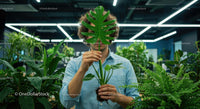 Man Holding Monstera Leaf in Modern Office Setting