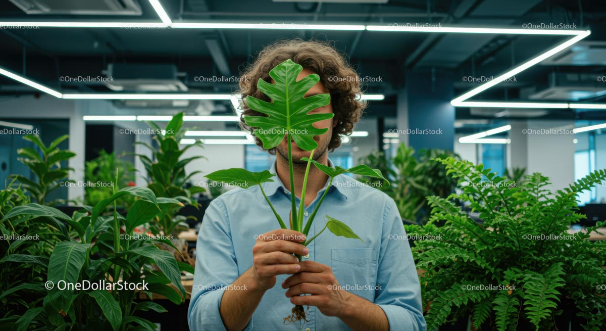Person Holding Monstera Leaf in Modern Office