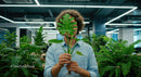 Person Holding Monstera Leaf in Modern Office