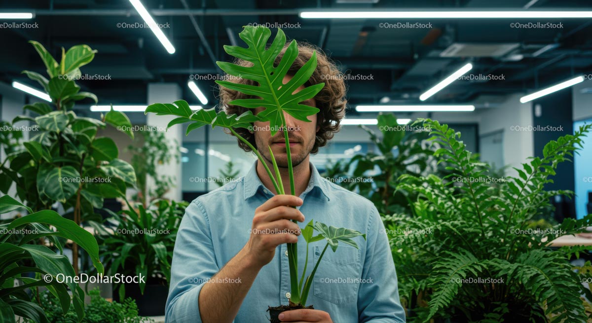 Person Holding Monstera Leaf in Modern Office