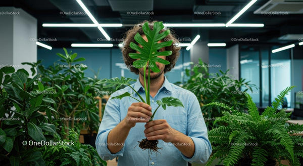 Man Holding Monstera Leaf in Modern Office Setting