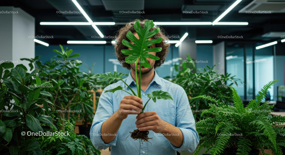 Person Holding Monstera Leaf in Modern Office