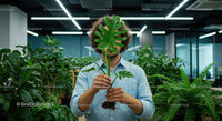 Person Holding Monstera Leaf in Modern Office