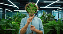Person Holding Monstera Leaf in Modern Office