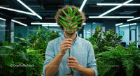 Person Holding Monstera Leaf in Modern Office