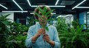 Young Man Holding Greenery in Modern Office Setting