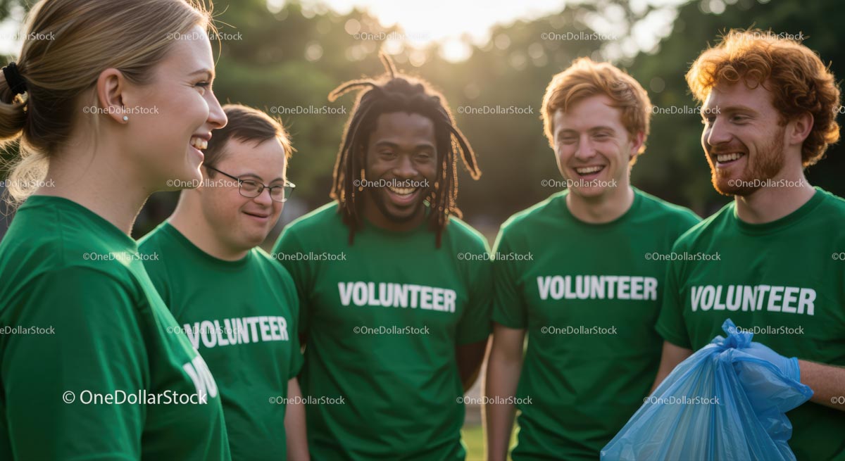 Diverse Group of Volunteers in Green Shirts