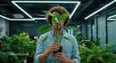 Person Holding Monstera Leaf in Modern Office