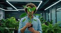 Person Holding Monstera Leaf in Modern Office