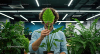 Man Holding a Leaf in a Greenery-Filled Modern Office