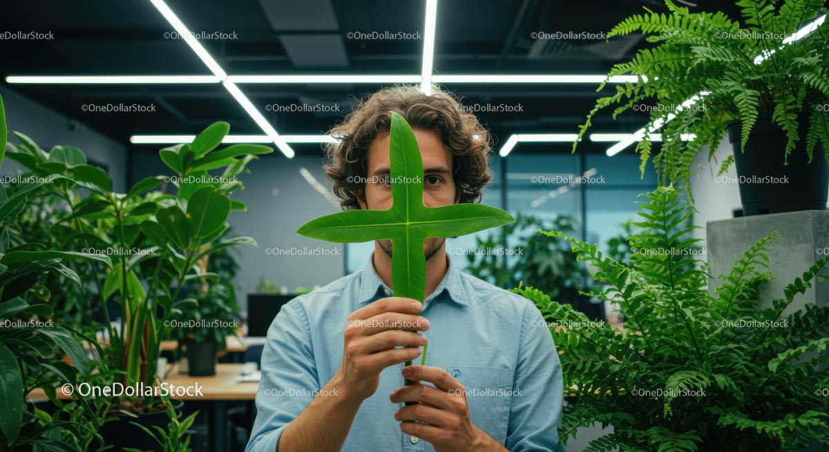 Man with Green Leaves in Modern Office